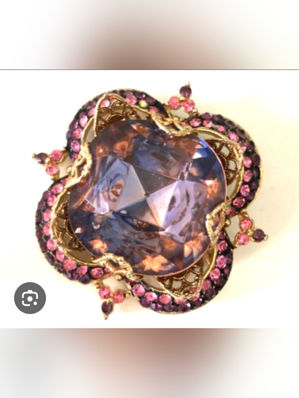 Vintage CO Pink & Purple Rhinestone Faceted Glass Domed Brooch